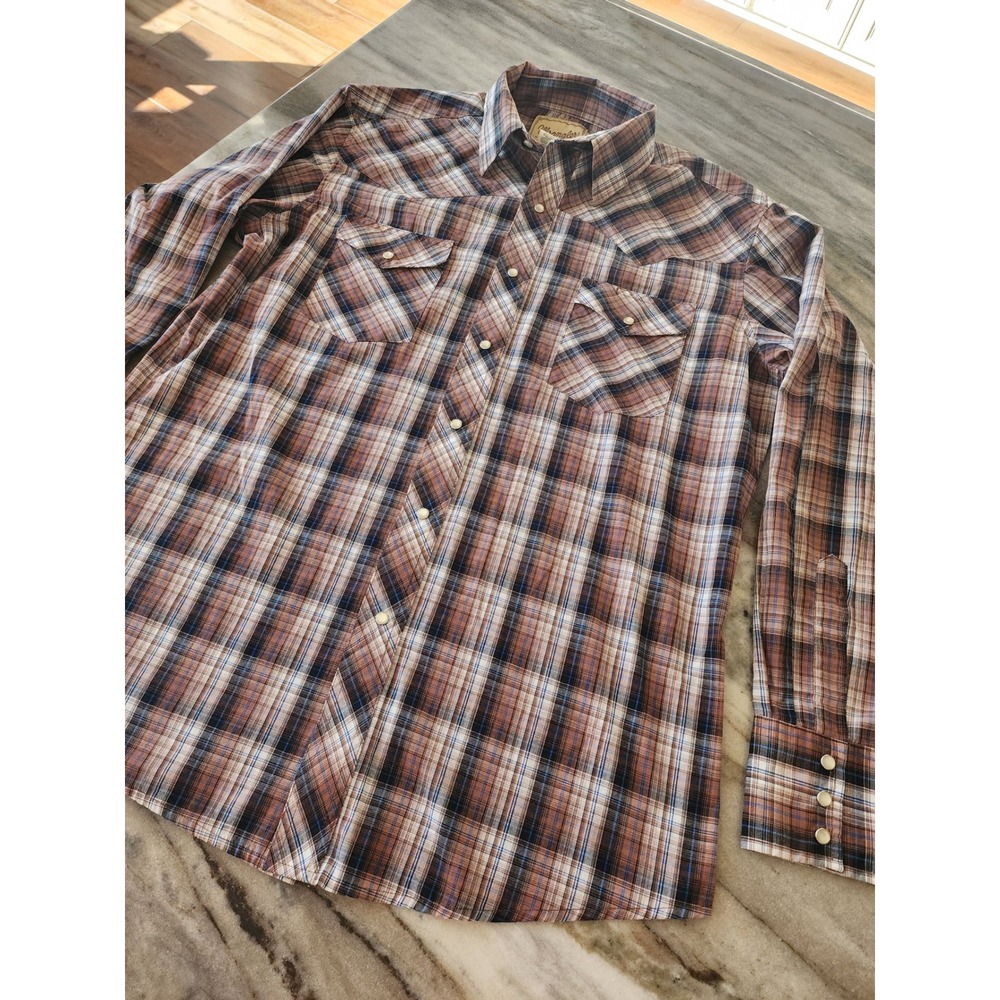 Wrangler Mens Western Pearl Snap Shirt Large Brown Blue Plaid Long Sleeve L